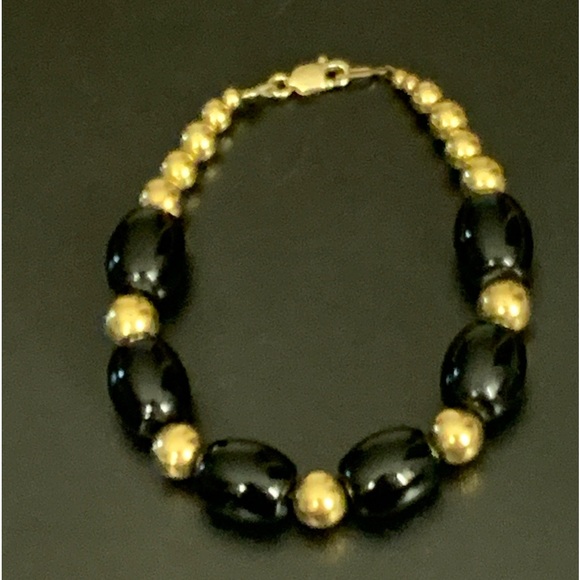 VINTAGE BLACK ONYX" 14K GOLD FILLED BALL BEADED BRACELET sz 7. 3/4” - Picture 2 of 10